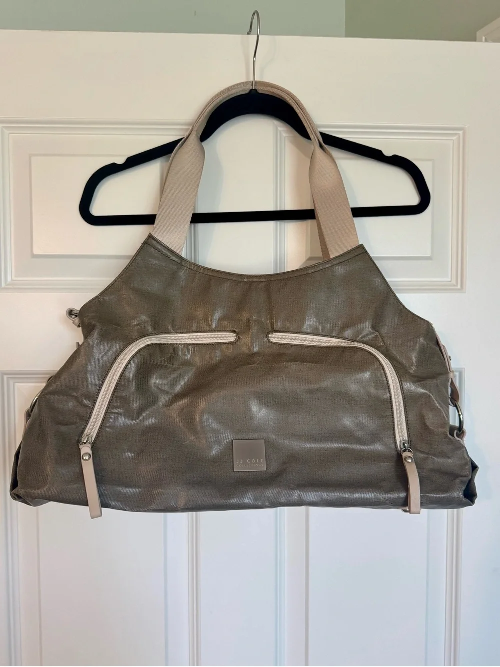 JJ Cole Metallic Taupe Shoulder Diaper Bag with Cream Straps 3 Pc Set